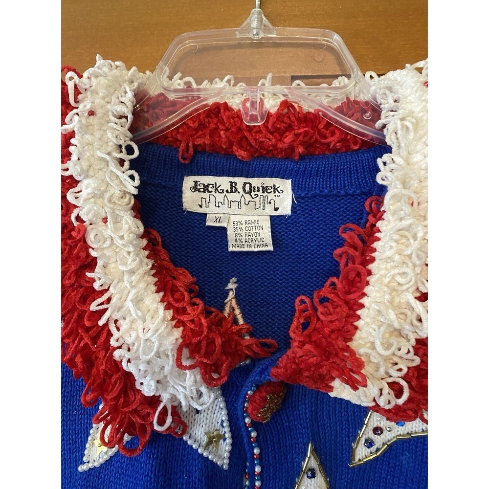 VTG Jack B Quick Sweater Christmas Santa Holiday Beaded Cardigan XL Patriotic - Picture 5 of 11